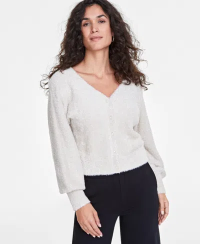 On 34th Women's Metallic Plush-knit Cardigan, Created For Macy's In Alabaster