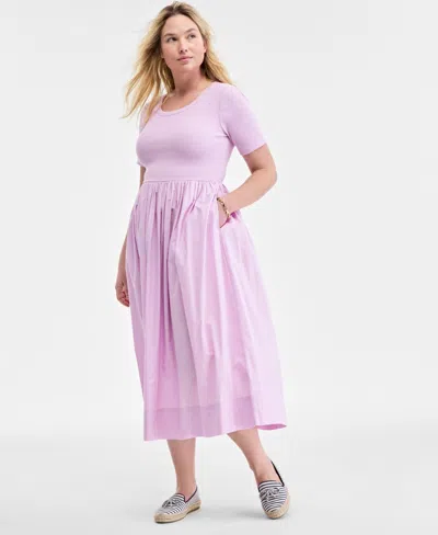On 34th Trendy Plus Size Scoop-neck Mixed-media Midi Dress, Exclusively At Macy's In Orchid Bou