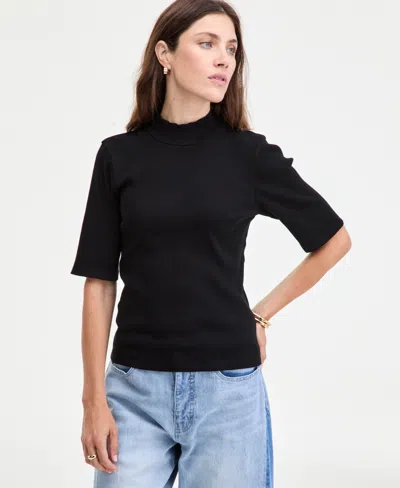 On 34th Women's Mock Neck Elbow-sleeve Top, Created For Macy's In Black