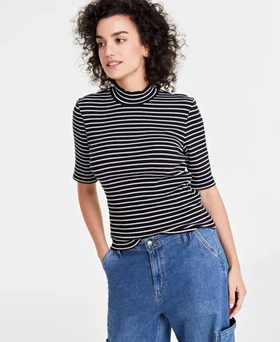 On 34th Women's Mock Neck Elbow-sleeve Top, Created For Macy's In Black