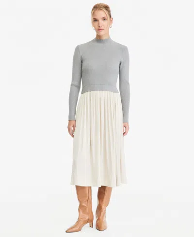 On 34th Women's Mock Neck Long Sleeve Sweater Mixed Media Midi Dress, Macy's Exclusive In Gray