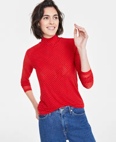 On 34th Women's Patterned Mock-neck Mesh Top, Created For Macy's In Fiery Red