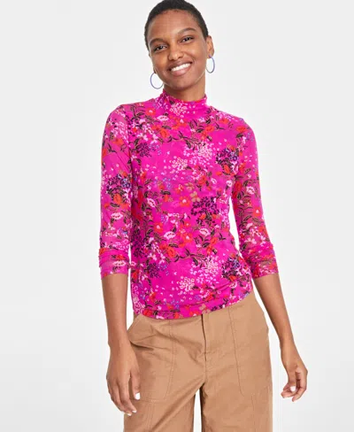 On 34th Women's Patterned Mock-neck Mesh Top, Created For Macy's In Magnta Moon