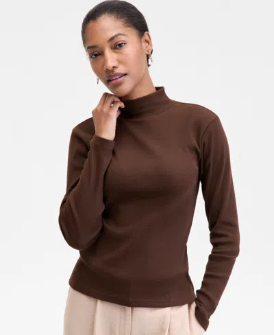 On 34th Women's Mock Neck Micro-rib Top, Macy's Exclusive In Brown