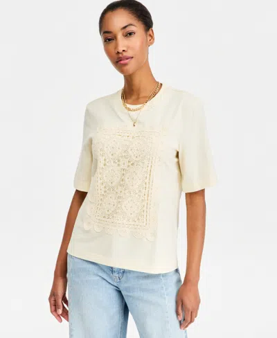 On 34th Women's Oversized Crochet Patch Cotton Jersey T-shirt, Macy's Exclusive In Neutral