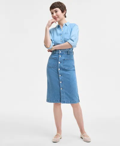 On 34th Trendy Plus Size Patch-pocket Denim Midi Skirt, Exclusively At Macy's In Soda Wash