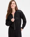 On 34th Womens Perforated Zip Front Bomber Cardigan Ribbed Scoop Neck Tee High Rise Pleated Straight Leg Pan In Black