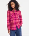On 34th Women's Plaid Puff Sleeve Flannel Shirt, Exclusively At Macy's In Magenta Moon