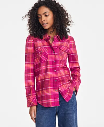 On 34th Women's Plaid Puff Sleeve Flannel Shirt, Exclusively At Macy's In Magenta Moon