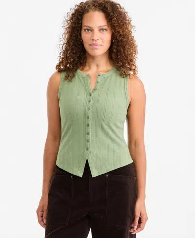 On 34th Women's Pointelle-rib Button-front Tank, Created For Macy's In Cool Olive
