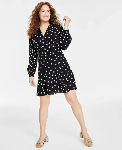 On 34th Women's Print Collared Mini Dress, Created For Macy's In Deep Black Combo