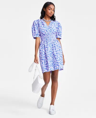 On 34th Women's Printed Cotton Zip-front Puff-sleeve Dress, Created For Macy's In Regatta Cmb