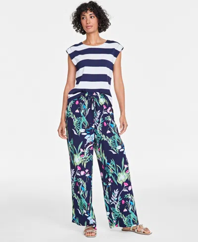 On 34th Women's Striped Extended-sleeve Crewneck T-shirt, Exclusively At Macy's In Intrepid Blue