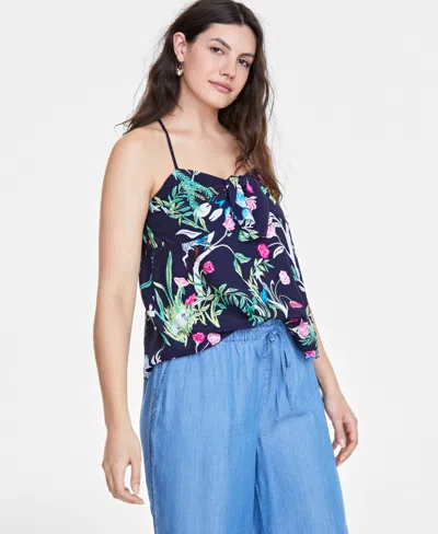 On 34th Women's Printed Knot-front Tank, Created For Macy's In Intrepid Blue