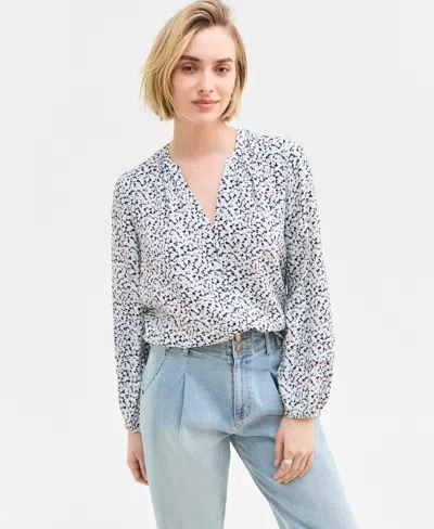 On 34th Women's Printed Pintuck Blouse, Exclusively At Macy's In Dusty Aqua Combo