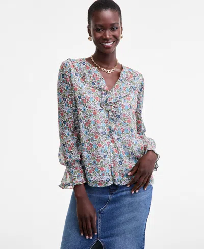 On 34th Women's Printed Ruffle Chiffon Blouse, Macy's Exclusive In Blue