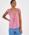 On 34th Women's Printed Ruffle-strap Swingy Tank, Created For Macy's In Strawberry Ice Combo