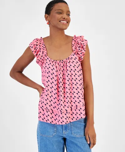 On 34th Women's Printed Ruffle-strap Swingy Tank, Created For Macy's In Strawberry Ice Combo