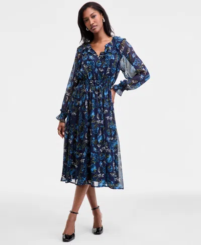 On 34th Women's Printed Ruffle-trim Long-sleeve Midi Dress, Macy's Exclusive In Blue