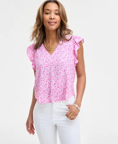 On 34th Women's Printed Ruffle V-neck Top, Exclusively At Macy's In Fuchsia Purple