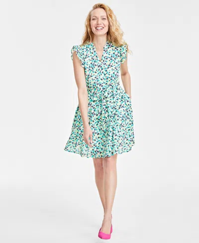 On 34th Women's Printed Ruffled Dress, Created For Macy's In Bright White Combo