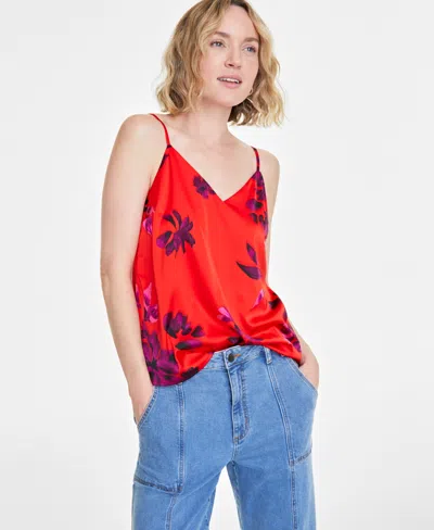 On 34th Women's Printed Satin V-neck Tank, Created For Macy's In Fiery Red