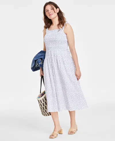 On 34th Women's Printed Smocked-bodice Midi Dress, Created For Macy's In Brght White Combo