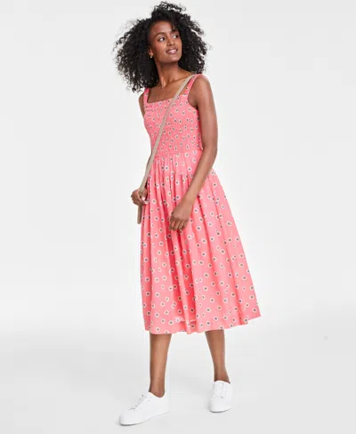 On 34th Women's Printed Smocked-bodice Midi Dress, Created For Macy's In Peony Coral Combo