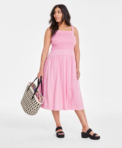 On 34th Women's Printed Smocked-bodice Midi Dress, Created For Macy's In Pink Lilac
