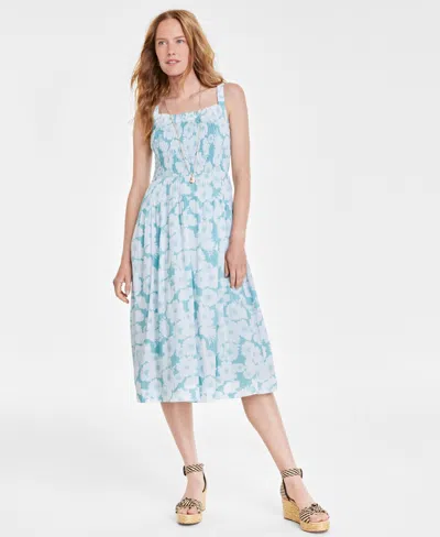 On 34th Women's Printed Smocked-bodice Midi Dress, Created For Macy's In Sea Spray Combo