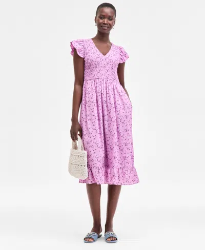 On 34th Women's Printed Smocked Flutter-sleeve Midi Dress, Exclusively At Macy's