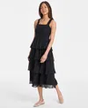On 34th Women's Printed Smocked Ruffle-tiered Midi Dress, Exclusively At Macy's In Deep Black