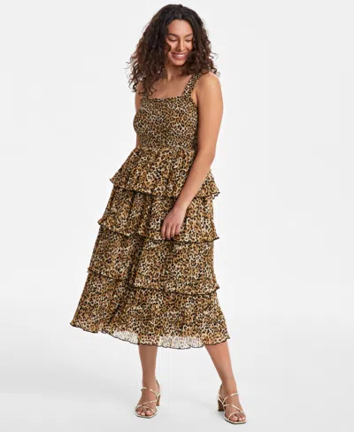 On 34th Women's Printed Smocked Ruffle-tiered Midi Dress, Exclusively At Macy's In Sunset Nude