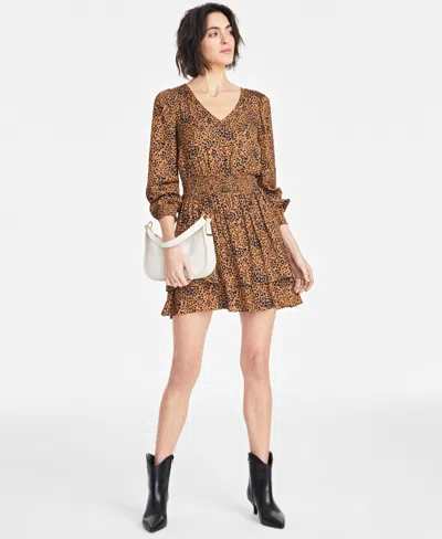 On 34th Women's Printed Smocked-waist Tiered Mini Dress, Exclusively At Macy's In Salty Nut