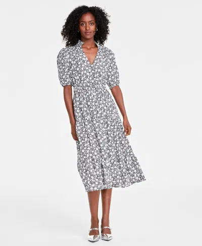 On 34th Women's Printed Tiered Midi Dresss, Created For Macy's In Deep Black Cm