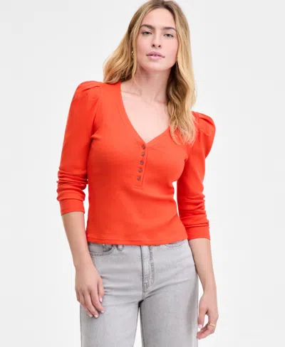 On 34th Women's Puff-shoulder Long-sleeve Henley T-shirt, Macy's Exclusive In Orange