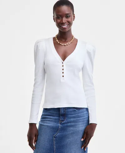 On 34th Women's Puff-shoulder Long-sleeve Henley T-shirt, Macy's Exclusive In White