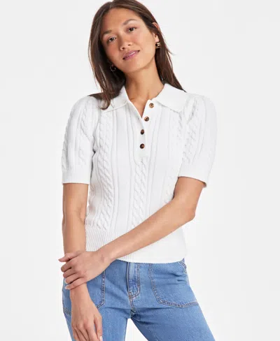 On 34th Women's Puff Sleeve Cable Polo Short-sleeve Sweater, Exclusively At Macy's In Washed White