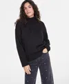 On 34th Women's Relaxed Ribbed-detail Turtleneck Sweater, Exclusively At Macy's In Deep Black