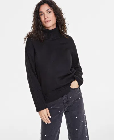 On 34th Women's Relaxed Ribbed-detail Turtleneck Sweater, Exclusively At Macy's In Deep Black