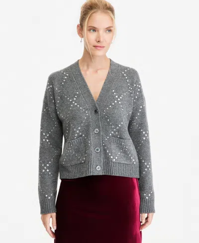 On 34th Women's Rhinestone Argyle V-neck Long-sleeve Cardigan, Macy's Exclusive In Med Grey Heather