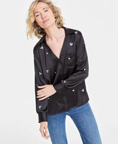 On 34th Women's Rhinestone Satin Button-up Shirt, Created For Macy's In Deep Black