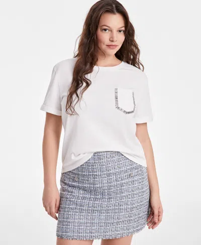 On 34th Women's Rhinestone-trim Pocket T-shirt, Exclusively At Macy's In Washed White