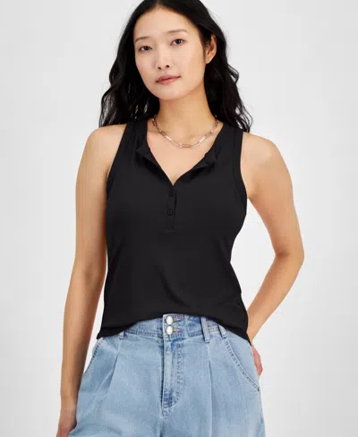 On 34th Women's Ribbed Henley Sleeveless Tank Top, Exclusively At Macy's In Deep Black