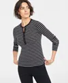 On 34th Women's Ribbed Long-sleeve Henley Top, Created For Macy's In Deep Black Cmb