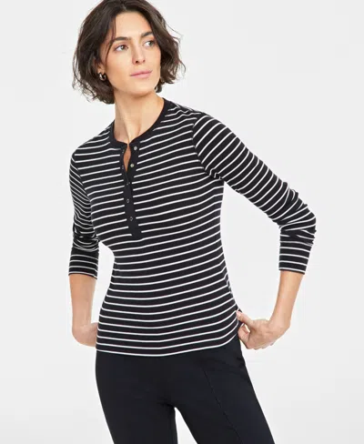 On 34th Women's Ribbed Long-sleeve Henley Top, Created For Macy's In Deep Black Cmb