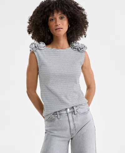 On 34th Women's Ribbed Rosette Shoulder Tank Top, Exclusively At Macy's In Washed White Combo