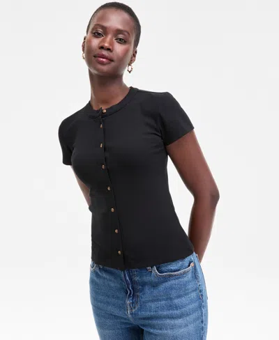 On 34th Women's Rib-knit Short-sleeve Button Front Top, Exclusively At Macy's In Black