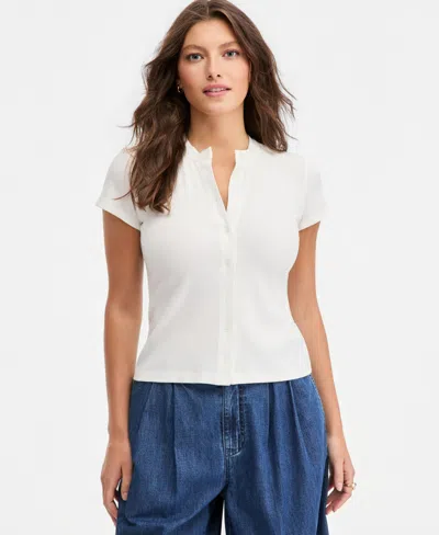 On 34th Women's Rib-knit Short-sleeve Button Front Top, Exclusively At Macy's In White