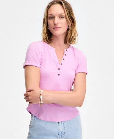 On 34th Women's Roll Cuff Rib-knit Henley T-shirt, Exclusively At Macy's